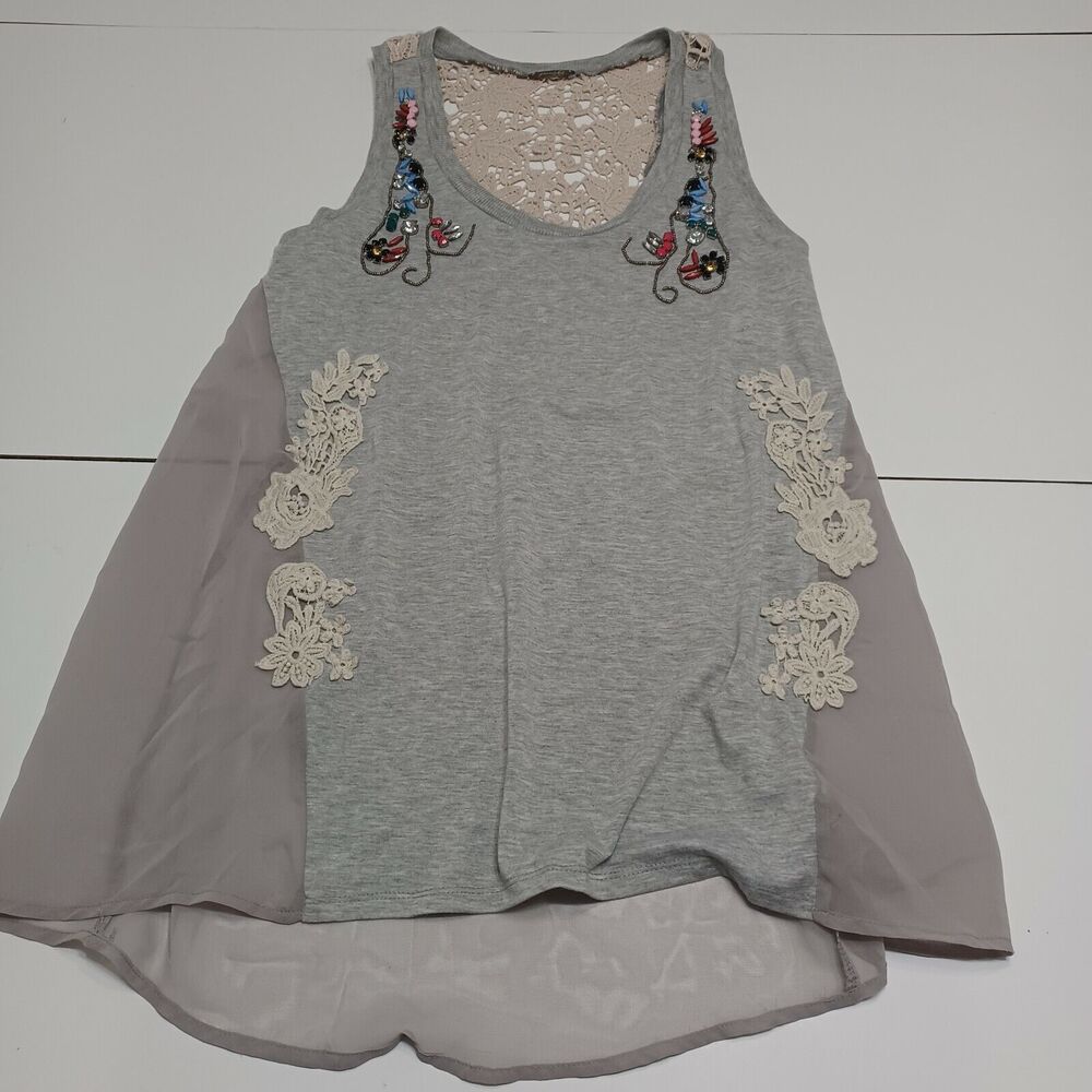 Bke Womens Tunic Tank Gray Scoop Neck Pullover Jeweled Glitter Sheer Back M